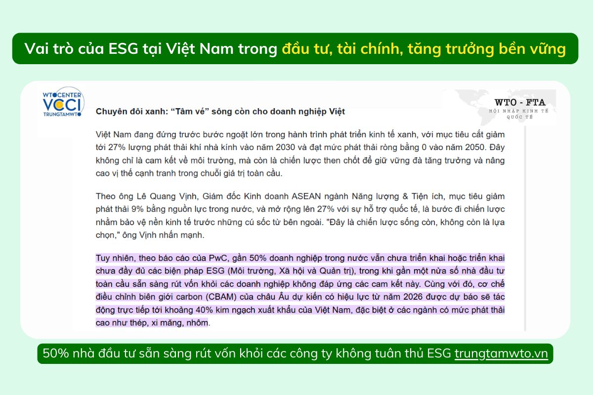 Vai trò của ESG tại Việt Nam trong đầu tư, tài chính, tăng trưởng bền vững