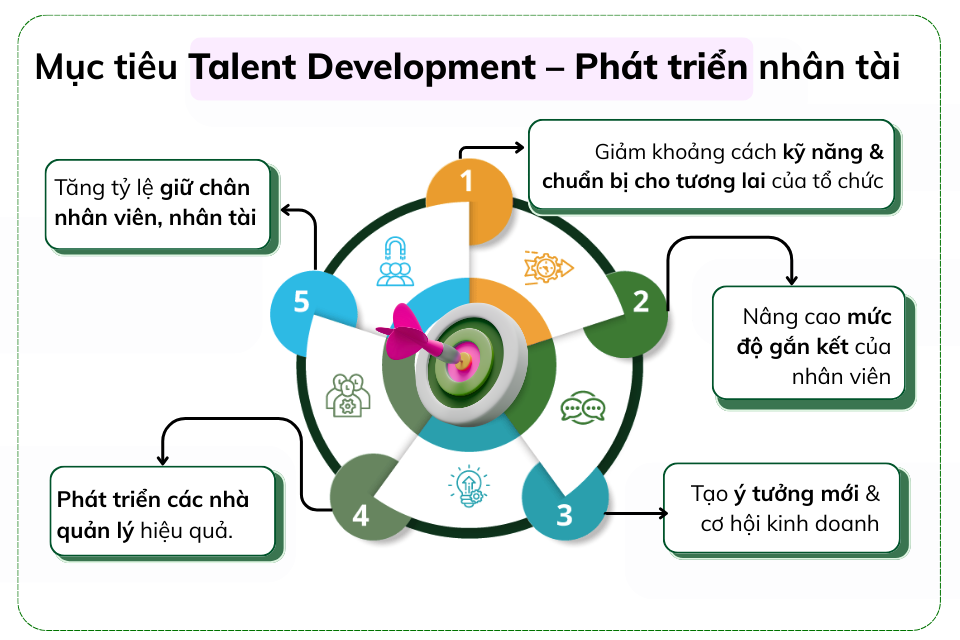 Talent Development (Phát triển nhân tài) là quá trình xác định, đào tạo, và nuôi dưỡng những cá nhân có tiềm năng cao trong một tổ chức, nhằm phát triển năng lực, kỹ năng của họ để đáp ứng các mục tiêu chiến lược của công ty và chuẩn bị cho các vai trò lãnh đạo trong tương lai. Mục tiêu chính của Talent Development: